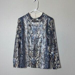 Chico's Blue and Gray Patterned Sequin Blouse